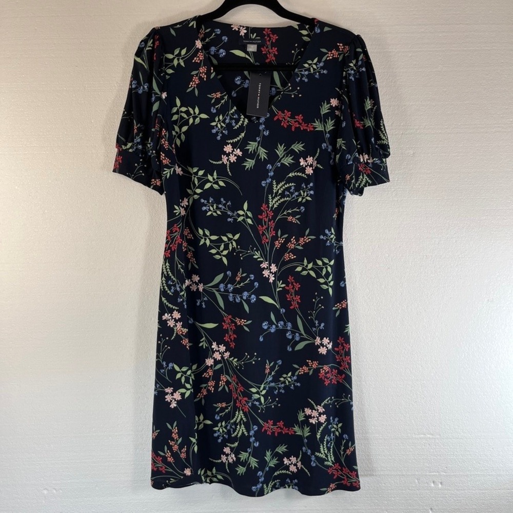 Tommy Hilfiger Midi Dress Womens‎ Size 10 Navy Floral Print Puff Sleeve V Neck